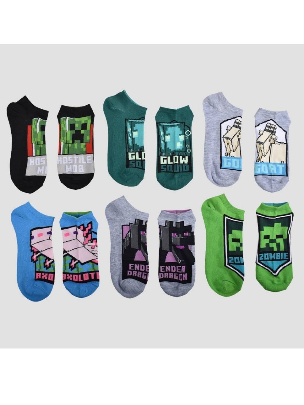 Kids Minecraft Black & Green No Show Socks XS/S (5.5-8.5) 6 Pairs Nwt